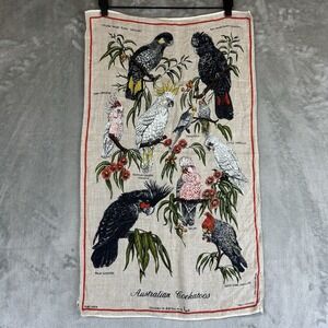 VTG Australian Cockatoos Pure Linen Tea Towel Wall Hanging Made in Poland 30x17"